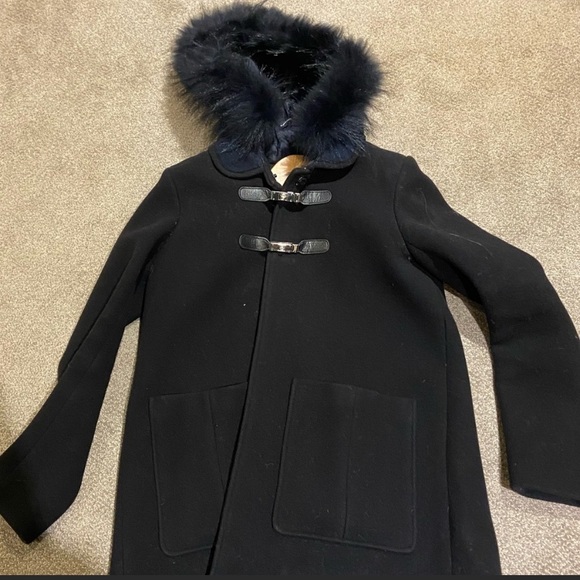 Maje fall coat w leather buckled and fur trim hood - Picture 2 of 2